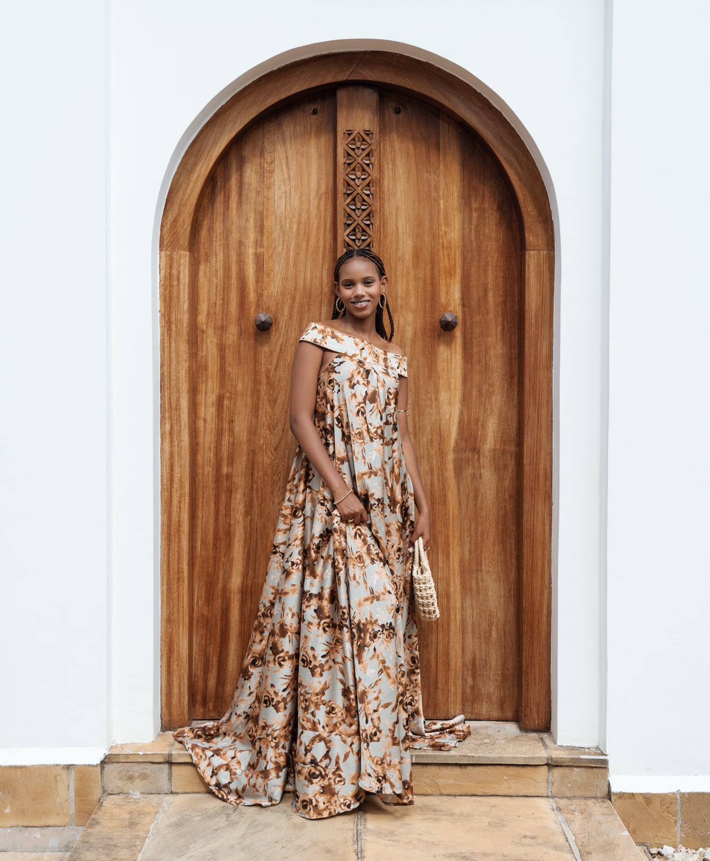 Mocha Bloom Silk Maxi Dress