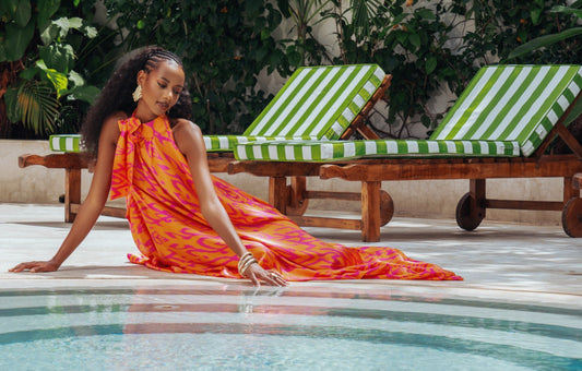 Tropical Blaze Halter-Neck Dress- Silk Maxi Dress