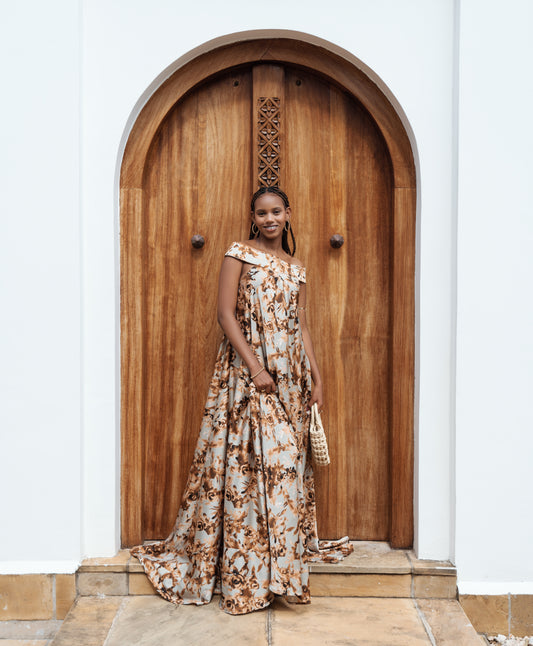 Mocha Bloom Silk Maxi Dress