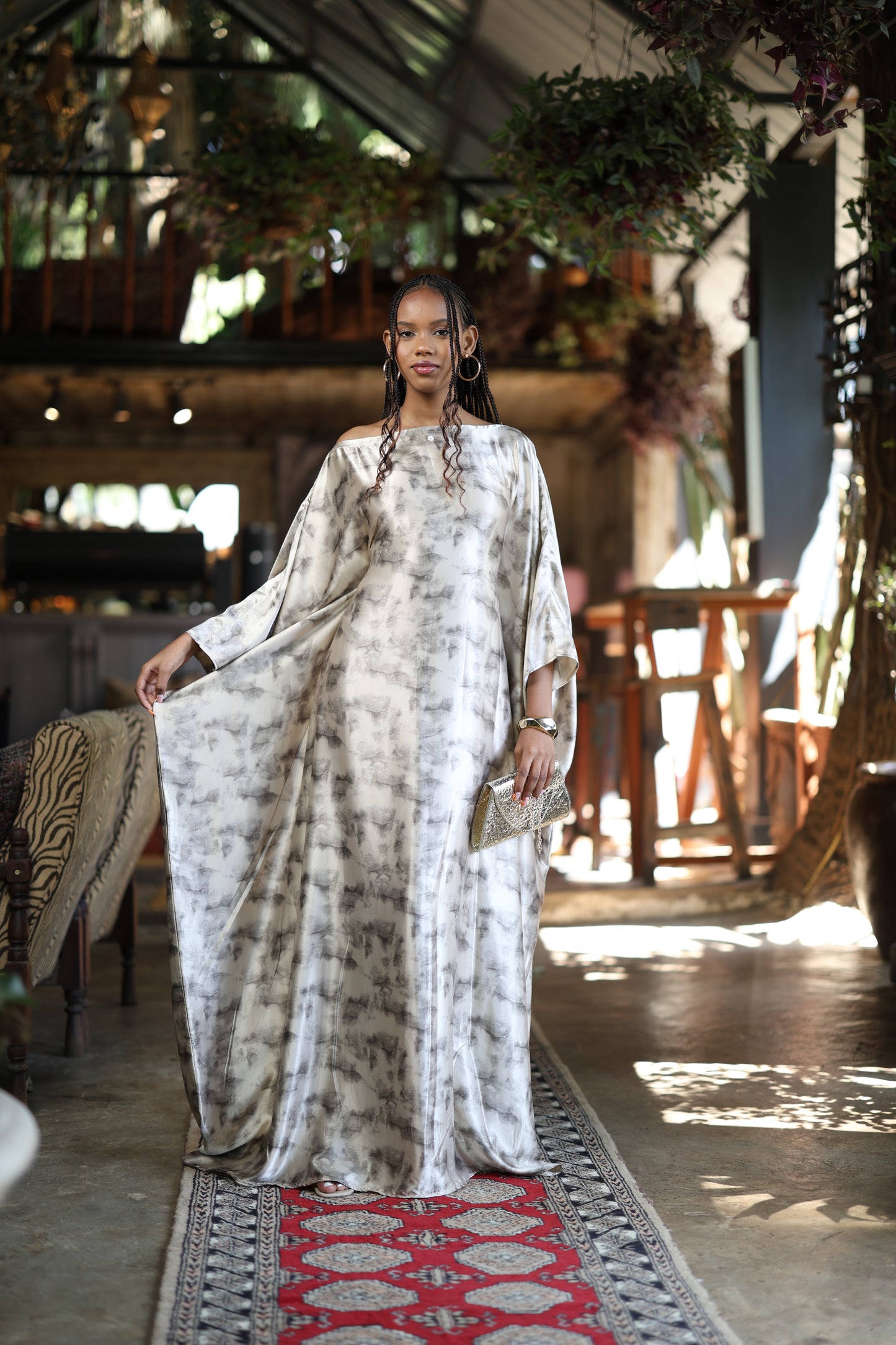 Clouded Marble Kaftan -Silk Maxi Dress