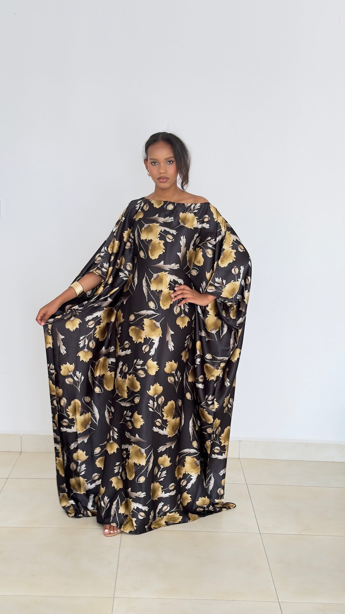 Golden Noir Bloom Kaftan -Silk Maxi Dress