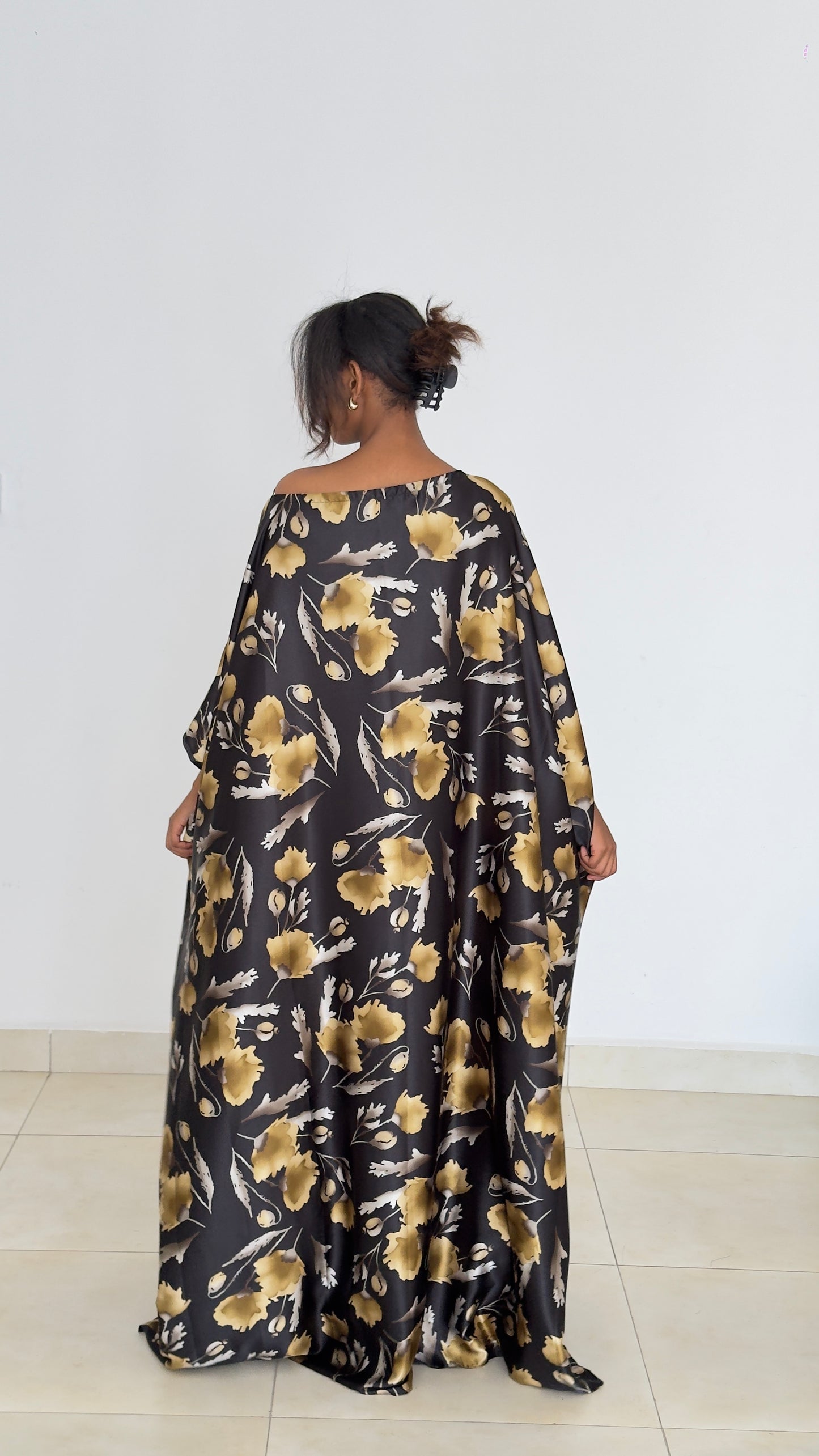 Golden Noir Bloom Kaftan -Silk Maxi Dress