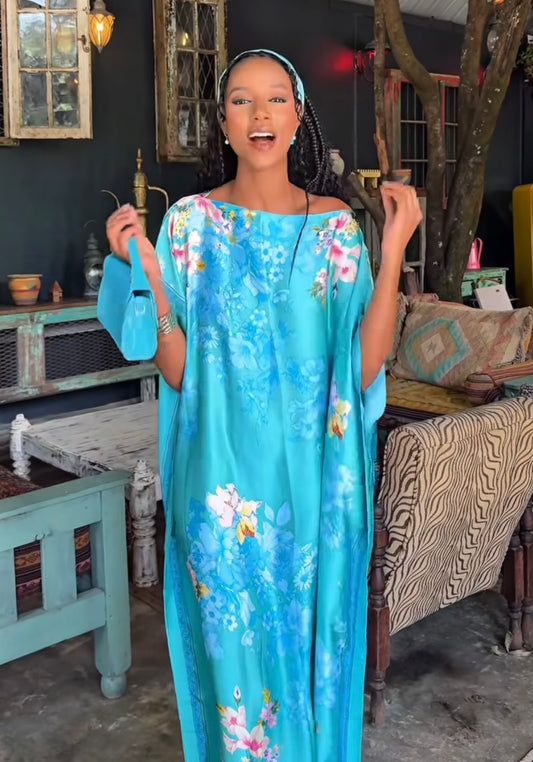 Azure Bloom Dera - Silk Maxi Dress